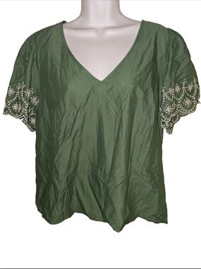 J. Crew Olive Green V-Neck Blouse with Cream Embroidered Scallop Sleeves XL